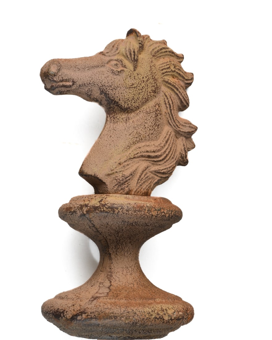 Cast Iron Horse-Head Hitching Post Spike: 20th century, modeled as a stylized horse head above a baluster-form collar and integral square-section spike. Dimensions approx. 15" x 4 1/2" x 4". Our primary recommendation is to arrange shipping y