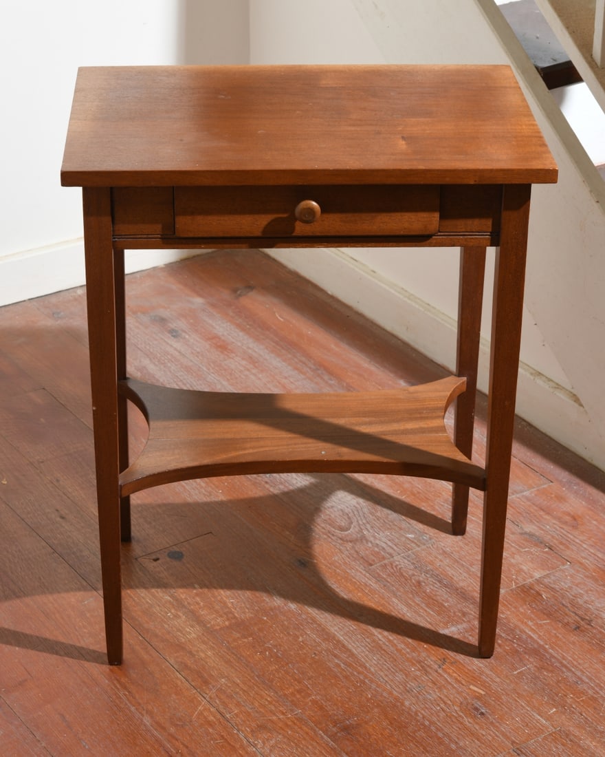 Antique Mahogany Single Drawer Side Table: Rectangular top over single dovetailed drawer with wooden pull over bottom tier, square tapered legs. Dimensions approx. 29" H x 23 1/2" W x 15" D. Our primary recommendation is to arrange shipping yo