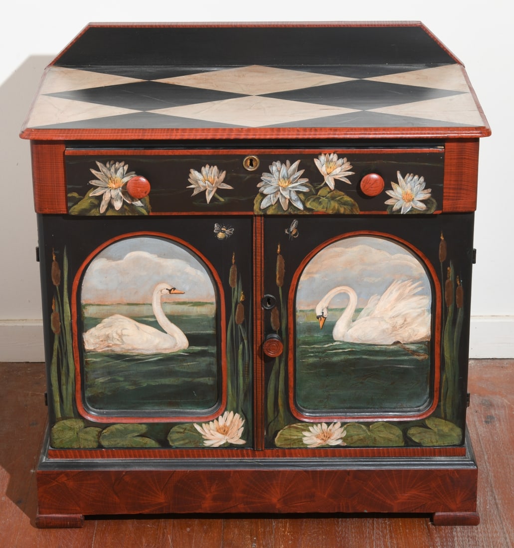 20th C. Decorative Painted Cabinet, Coble: By decorative painters Dan and Marlene Coble, c. 1990s, unsigned. Molded edge top with backsplash and painted harlequin motif above single drawer with floral decoration, over two doors both with