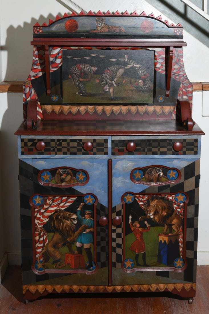 20th C. Decorative Hutch, Coble: By decorative painters Dan and Marlene Coble, signed by Marlene Coble and dated 1995. Hand painted wood cabinet with theatrical superstructure above two drawers above two doors, decorated throughout w