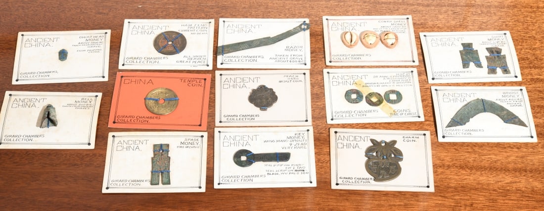 Mixed Group "Ancient Chinese" Style Currency: Mounted on old collector cards labeled "Girard Chambers Collection" including knife-form currency, spade-form currency, cowrie shells, etc. Labels/cards unverified, offered "as is" and in as-found con
