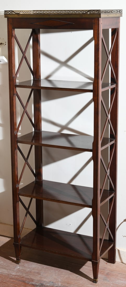Reproduction Louis XV Style Etagere: 20th century, rectangular form with four shelves, brass gallery to top, tapering square form legs with spade feet, some minor surface scratches and wear. Dimensions approx. 66 1/4" H x 25" W x 13