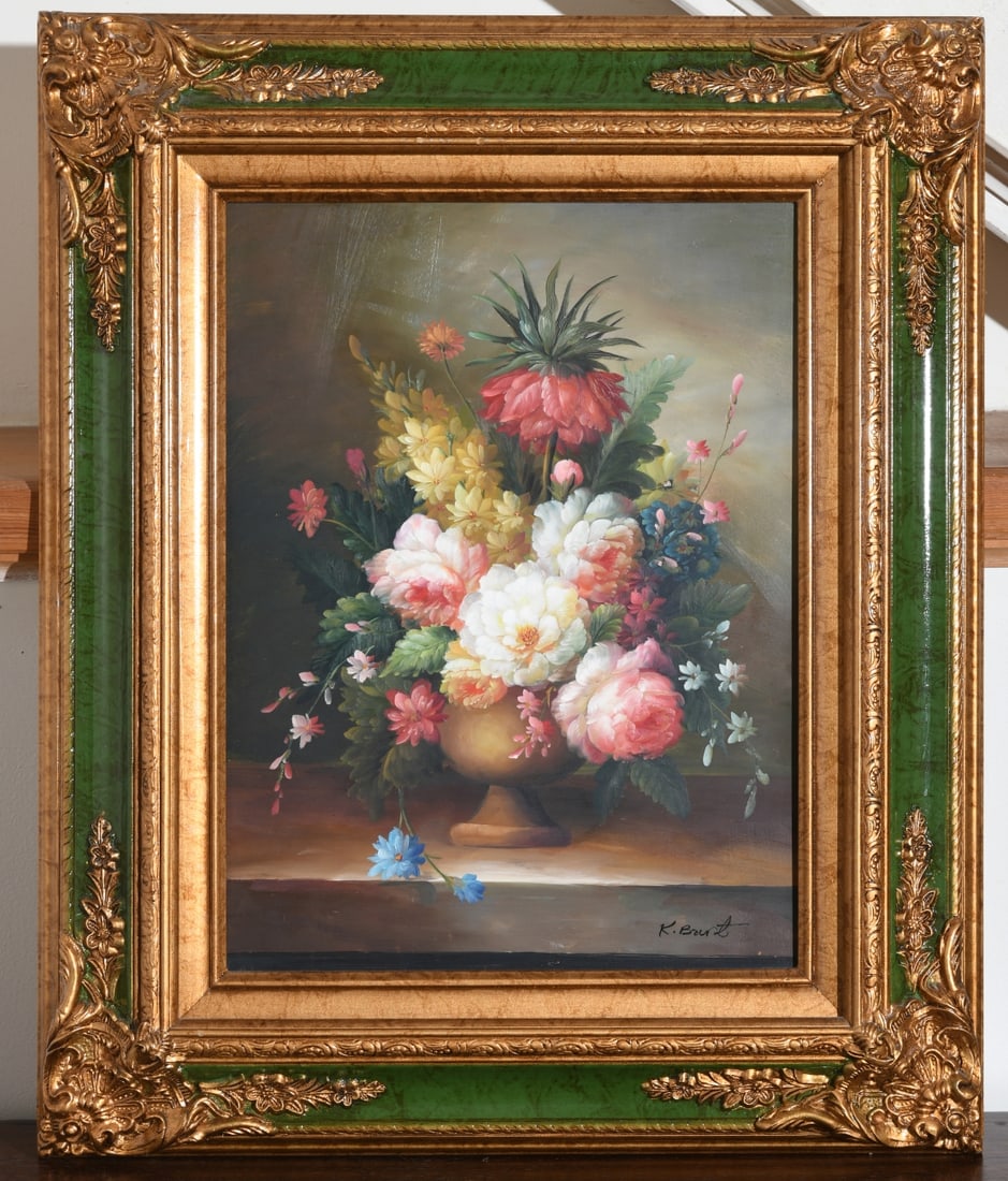 20th C. Oil on Board Floral Still Life: Still life of flowers in a classical urn. Oil on board, signed lower right “K. Burt,” mid–late 20th century. Brightly colored mixed bouquet including peonies and a crown imperial, arranged o
