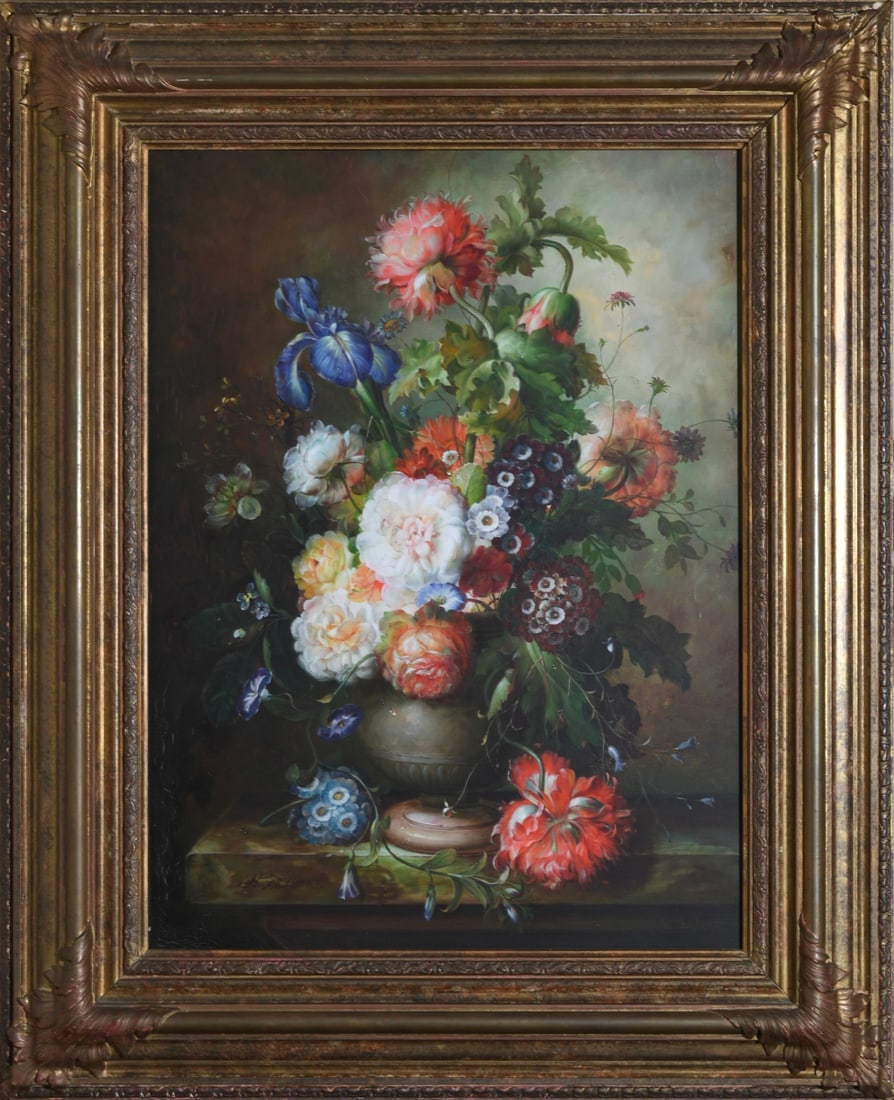20th C. Still Life Oil on Board: Still life of flowers in a classical urn. Oil on board, signed lower left “B. Allison,” mid / late 20th century. Finely rendered arrangement of peonies, iris, and mixed blossoms in a stone urn