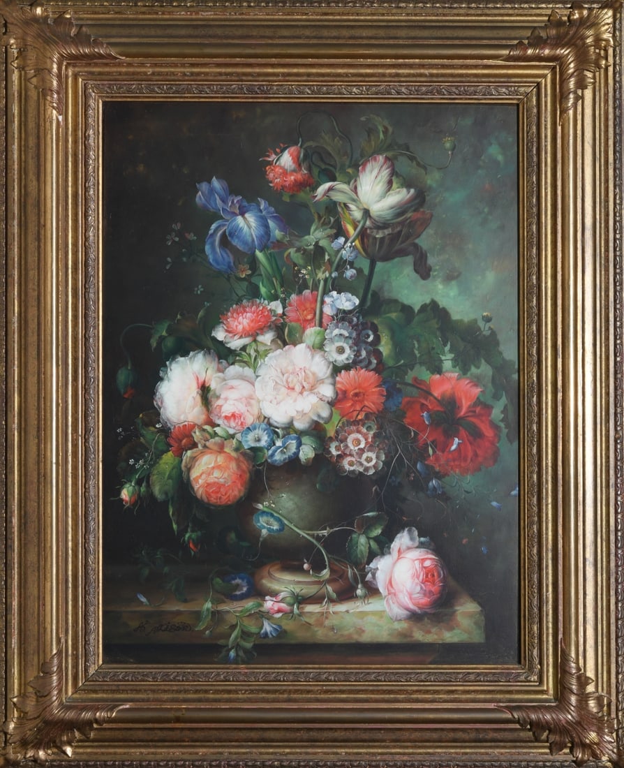 20th C. Still LIfe Oil on Board: Still life of flowers in an urn. Oil on board, signed lower right “B. Allison,” mid / late 20th century. Finely painted arrangement of tulips, iris, peonies, and mixed blossoms in a classical 