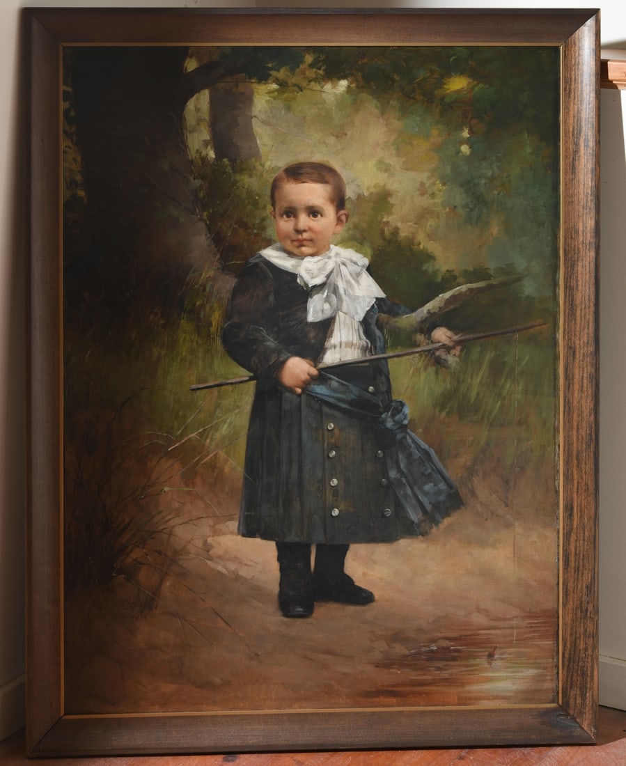 Paul E. Harney. (American, 1850 -1915): A large finely executed oil on canvas depicting a young boy standing in a wooded landscape, holding a bow and arrow, signed and dated lower left “Paul E Harney 1890,” likely depicting a