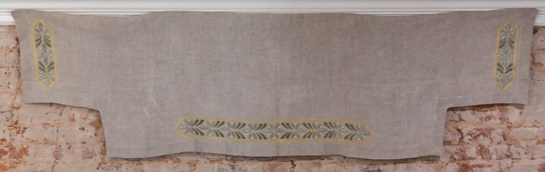 Arts & Crafts Embroidered Linen Textile Panel: Natural linen ground with applied polychrome silk embroidery in stylized floral and geometric bands, likely early 20th century. Elongated form with irregular shaping at both ends. Approx. 88" x 25". O