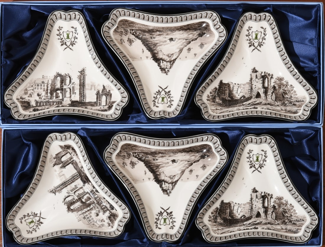 6 pcs. Wedgwood Genius Collection Service Dishes: Wedgwood Queen’s Ware “Genius Collection” limited edition reproduction triangular dishes, comprising two matching fitted presentation boxes, each containing three dishes after examples from