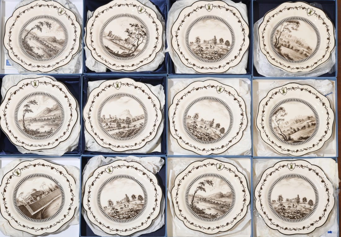 17 Limited Edition Wedgwood Queen’s Ware Plates: Group of seventeen Wedgwood Queen’s Ware plates from the “Frog Service” reproduction series, England, 1995–1998, including examples from the Bicentenary Celebration and Genius Collection