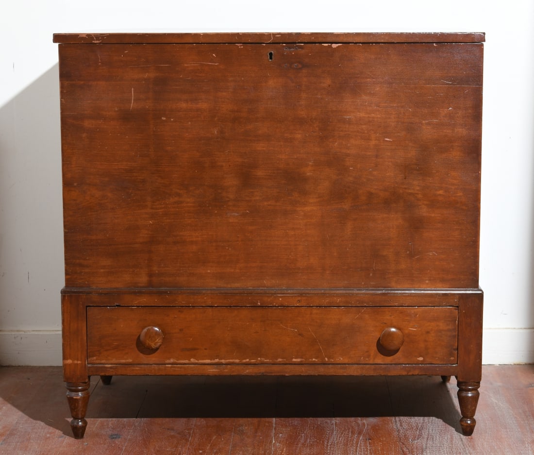 19th C. Kentucky Sugar Chest: Circa 1835, cherry primary with poplar secondary, dovetailed construction, lift lid top opening to divided storage over single dovetailed drawer with wooden pulls, on turned feet. Some surface wear an