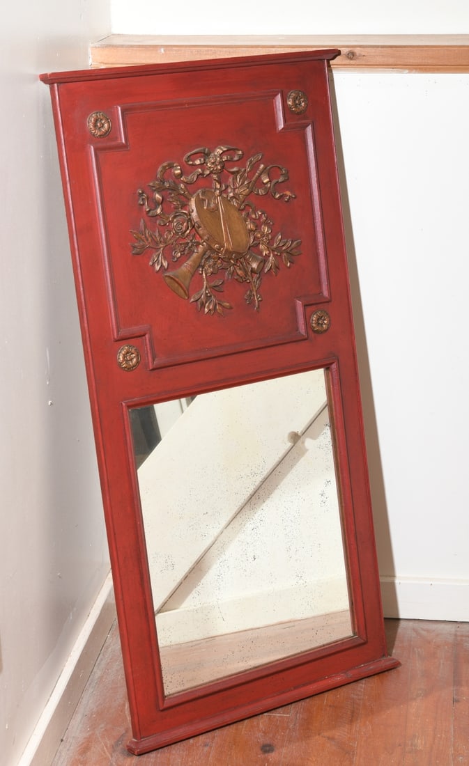 20th C. Trumeau Mirror: Gilt decoration over painted surface, minor damage/losses. Dimensions approx. 49 1/4" H x 24 3/4" W. Our primary recommendation is to arrange shipping yourself using Blue Ridge Pack & Ship. Most