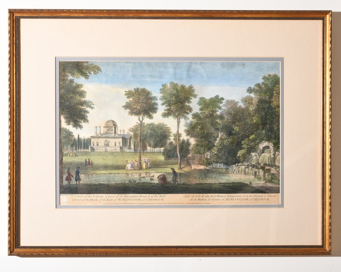 Four Antique English Architectural Engravings: Hand colored, all matted and identically framed, with some foxing/discoloration. Sight approx. 14 1/2" x 9 3/4". Frame approx. 22 1/4" x 17". Our primary recommendation is to arrange shipping yourself