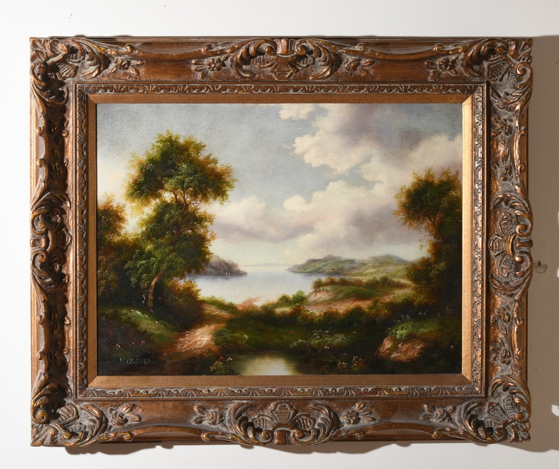 20th C. Signed Oil on Canvas Landscape: Signed lower left N.(?) Gilmore, in gilt frame. Sight approx. 23 1/4" x 17 1/4". Frame approx 31 1/2" x 25 1/2". Our primary recommendation is to arrange shipping yourself using Blue Ridge Pack & Ship