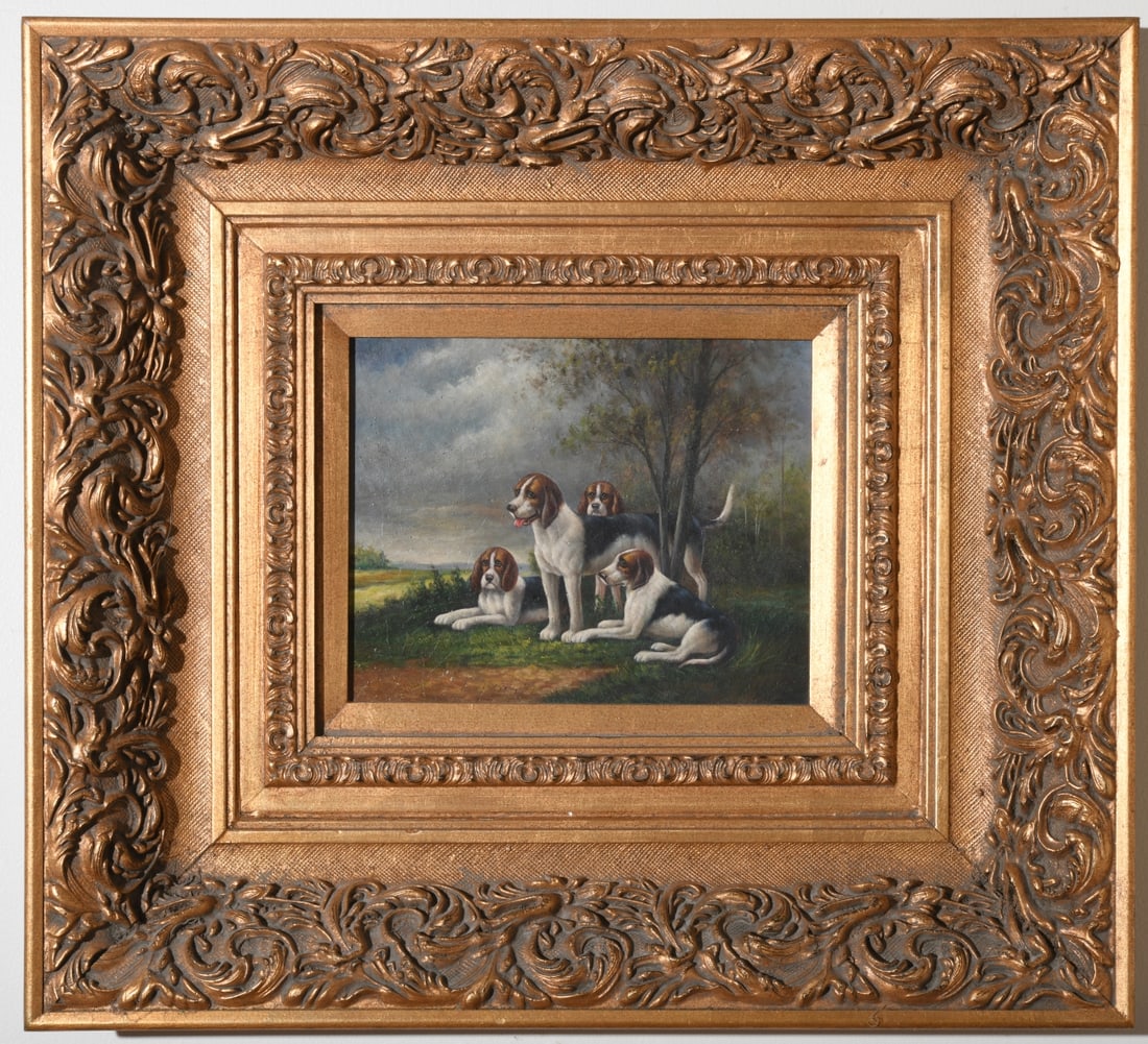20th C. Oil on Board Hunting Dog Scene: Oil on board, late 20th century, depicting four hunting hounds in a landscape, housed in an elaborate gilt composition frame. Retains John Richard Collection, Inc. retail and inventory labels verso, d