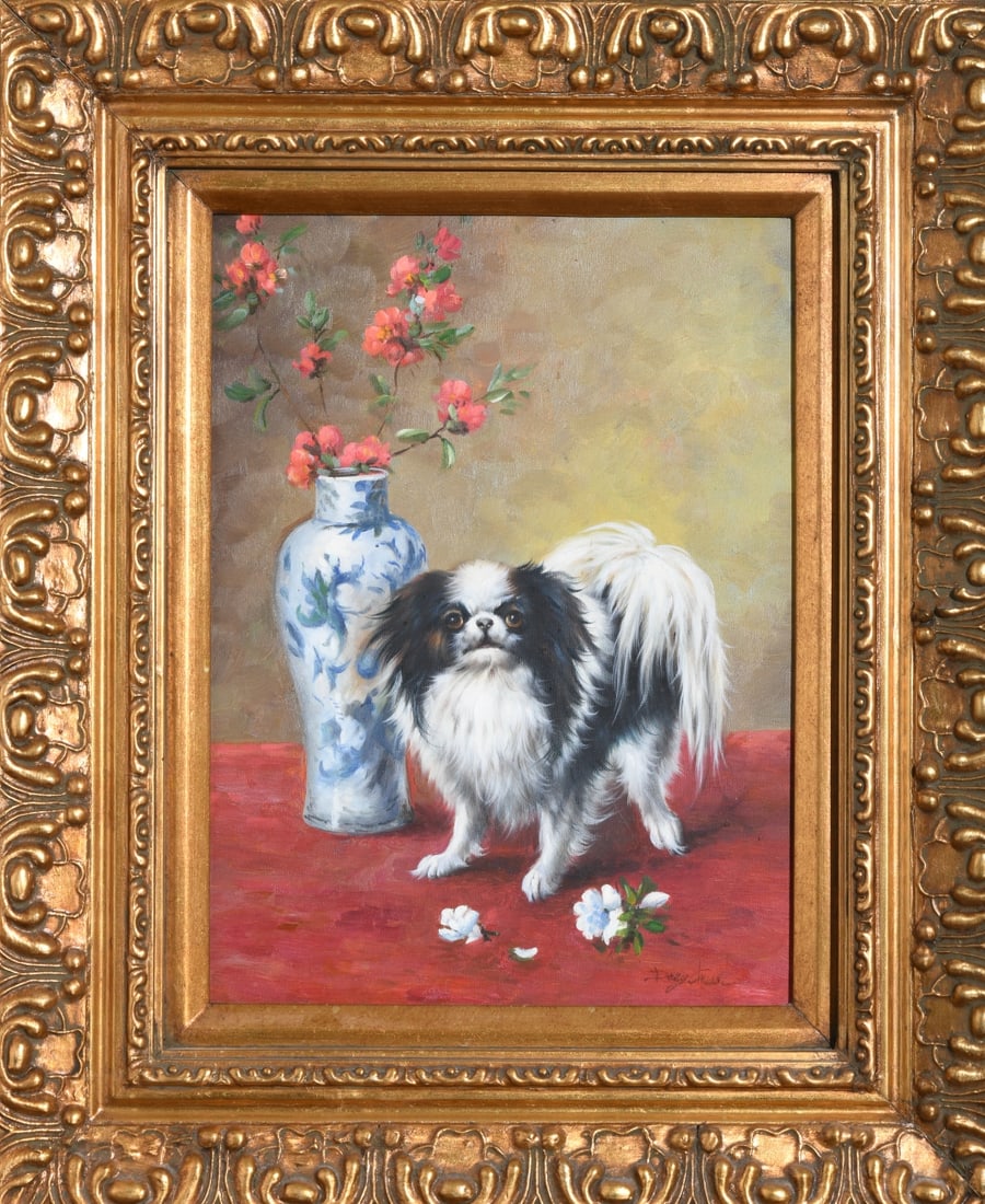 Signed Decorative Oil of Japanese Chin: Oil on canvas, late 20th century, depicting a black and white Japanese Chin beside a blue and white porcelain vase with flowering branches, signed lower right indistinctly, housed in a gilt compositio