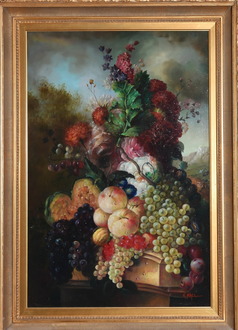 20th C. Oil on Canvas Still Life: Oil on canvas, late 20th century, depicting an abundant floral and fruit still life with grapes, peaches, and blossoms in the Dutch manner, signed lower right “K. Macl.” Housed in a large gilt