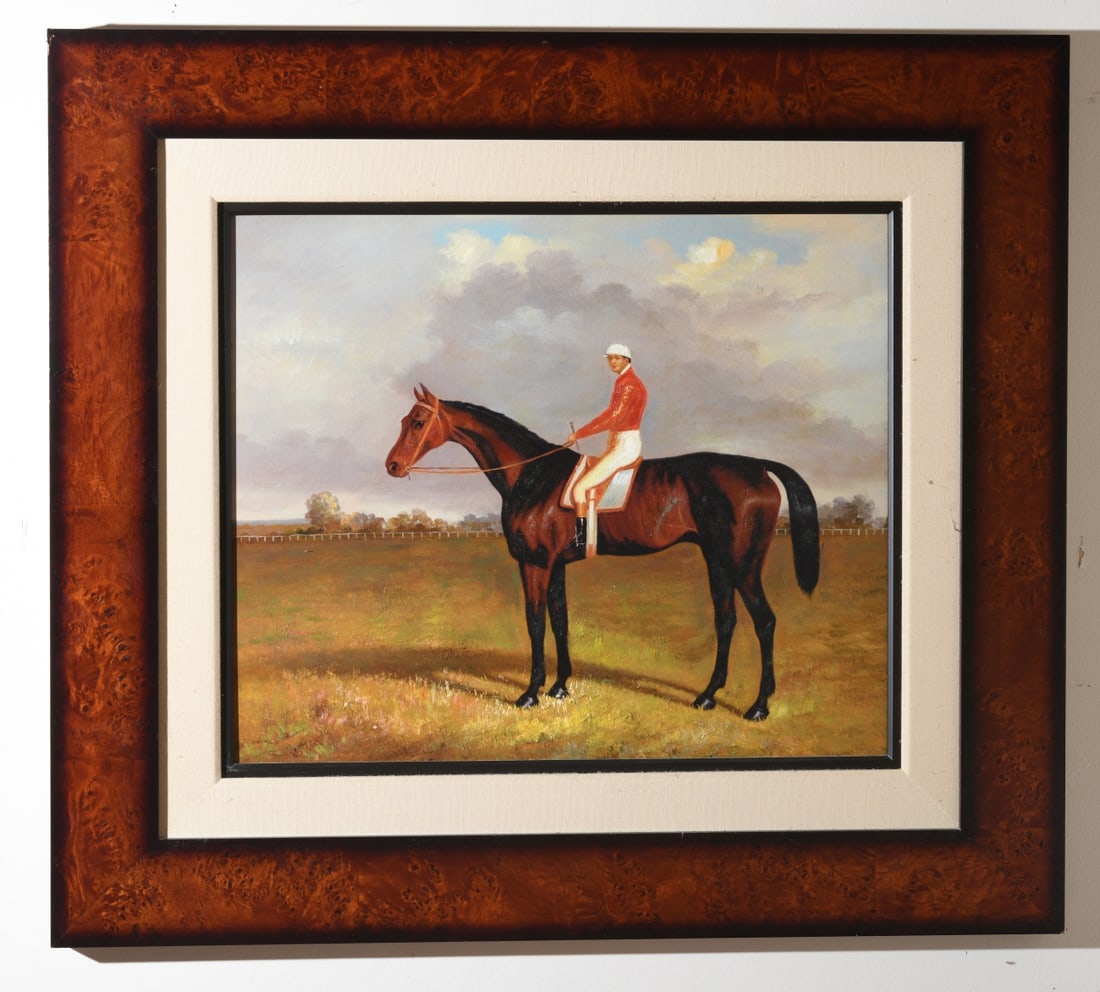 20th C. Oil on Canvas Equestrian Portrait: Unsigned oil on canvas, late 20th century, depicting a jockey in red silks mounted on a racehorse in an open landscape beneath dramatic clouds, housed in a modern molded frame. Visible image: approx. 