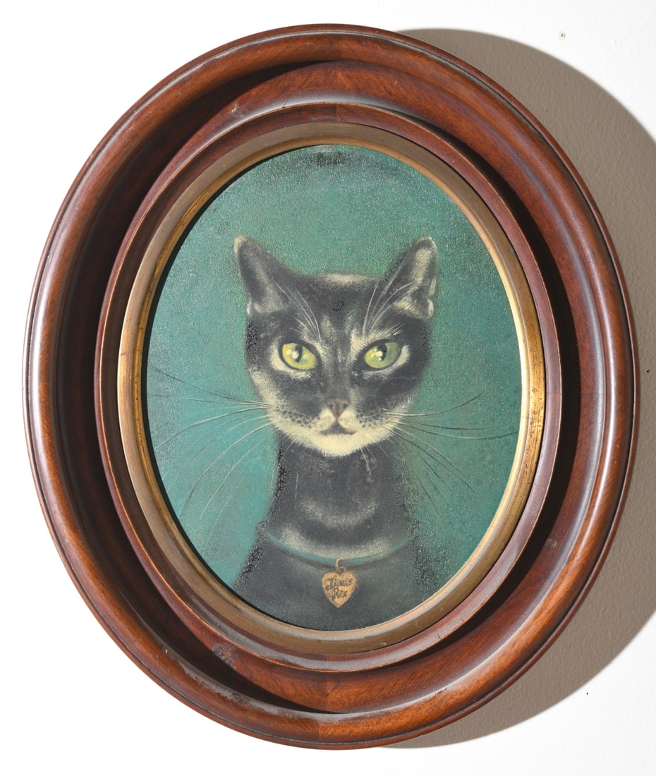 Vintage Folk Art Cat Portrait "James Rex": Unsigned folk art oil on masonite portrait of a black cat wearing a collar with heart shaped pendant inscribed “James Rex,” rendered against a teal ground within an oval frame. Probably mid 20