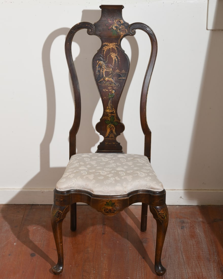Chinoiserie Decorated Queen Anne Style Side Chair: With shaped crest and vasiform splat, the frame decorated throughout with chinoiserie-inspired painted ornament and landscape motifs, above a shaped upholstered seat, raised on cabriole legs