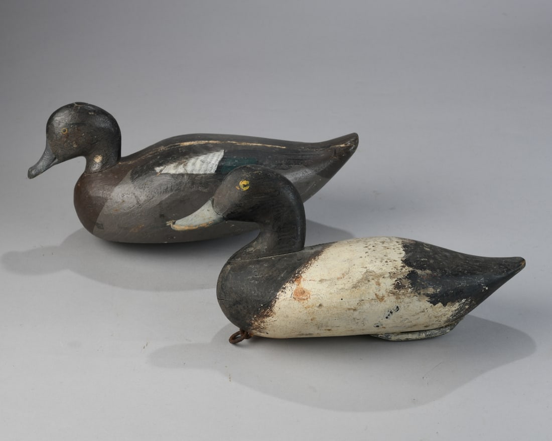Upper Chesapeake Bay Bluebill + Blue-Wing Teal: Old paint, nice articulated head, Blue-Wing Teal possibly upstate New York, original paint and large body crack. Largest: approx. 13 1/2"x 6" x 6". Our primary recommendation is to arrange shipping