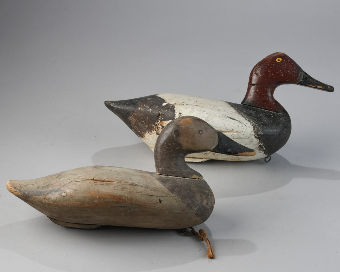 Canvas Back Drake and Hen: One marked RF Roberts. Largest: approx. 15" x 6" x 6". Our primary recommendation is to arrange shipping yourself using Blue Ridge Pack & Ship. Most bidders find this is the most economical route.