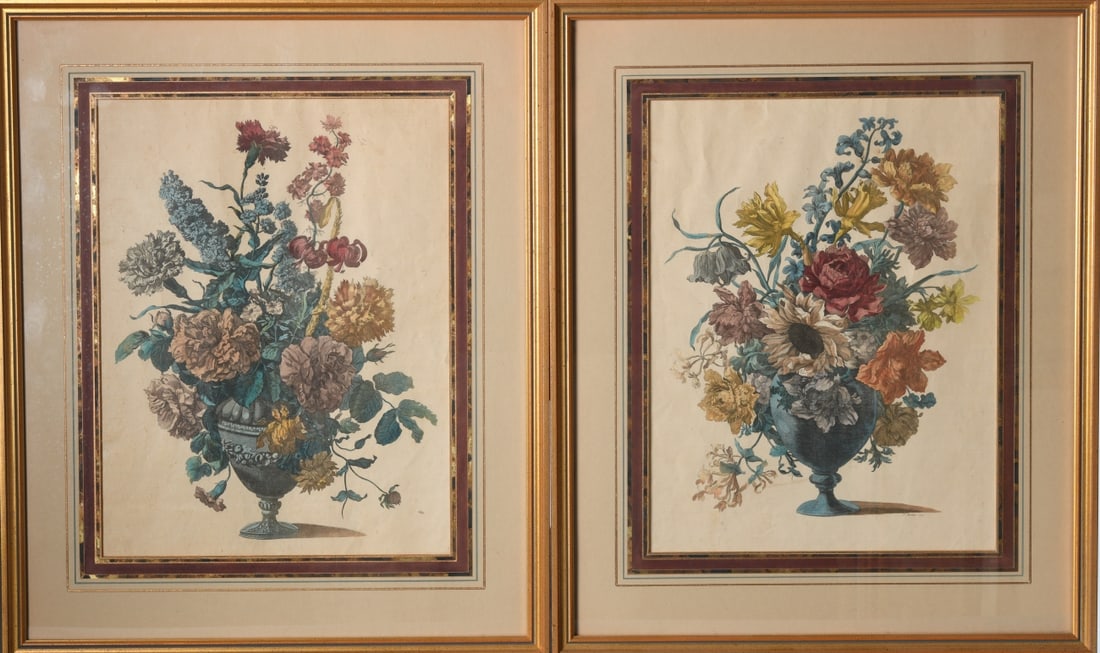 Pair of Floral Still Life Prints: Each depicting elaborate flower arrangements in classical urns, housed in matching giltwood frames with faux tortoiseshell style inner liners. No visible maker’s marks. Frame approx. 22 1/8" x 18