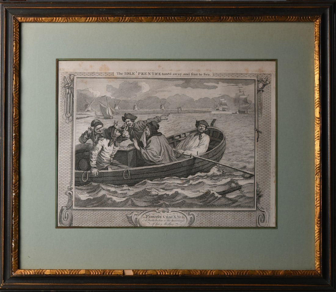 Antique Engraving after Hogarth: “The Idle Prentice turn’d away, and sent to Sea,” engraved print from the Industry and Idleness series, depicting apprentices departing by boat with accompanying Proverbs citation “A