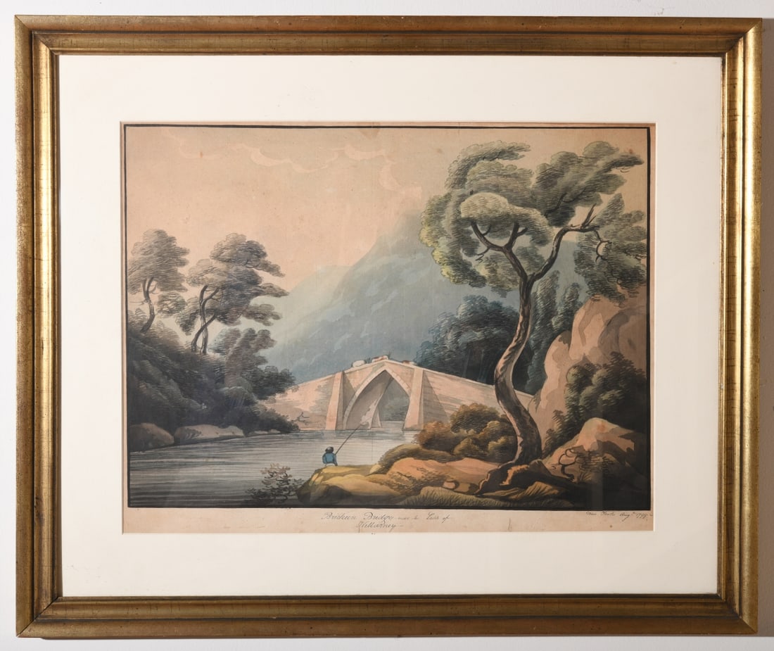 18th C. Anglo-American School Watercolor on Paper: Picturesque view of Brickeen Bridge near the Lakes of Killarney, Ireland, watercolor and gouache on laid paper, inscribed lower center “Brickeen Bridge near the Lake of Killarney,” and dated l