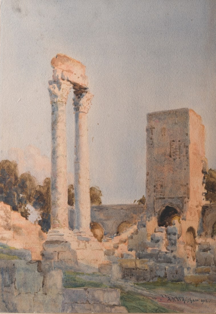 Alexander Y. Whishaw (British, 1870 - 1946): Watercolor on paper depicting ruins in a landscape by Alexander Yeames Whishaw, signed and dated 1912 lower right, further identified on mounted backing sheet, unframed. Sheet: approx. 14 1/4" x 10". 