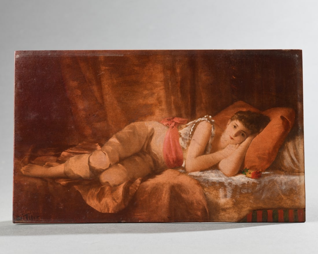 Attrib. Paul Prosper Tillier (French, 1834 - 1915): Oil on panel depicting a female figure reclining on cushions within a dimly lit interior, painted in a romantic academic manner, signed lower left, unframed. Approx. 11" x 6 1/2". Our primary recommen
