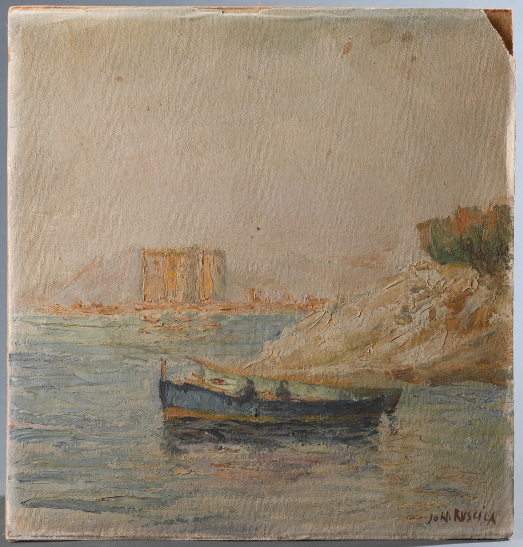 20th C. Oil on Canvas Coastal Landscape: With fishing boat in foreground, signed Jow. Ruscica lower right, no stretcher, unframed. Some wear, damage and losses. Approx. 13" x 12 1/2". Our primary recommendation is to arrange shipping yoursel