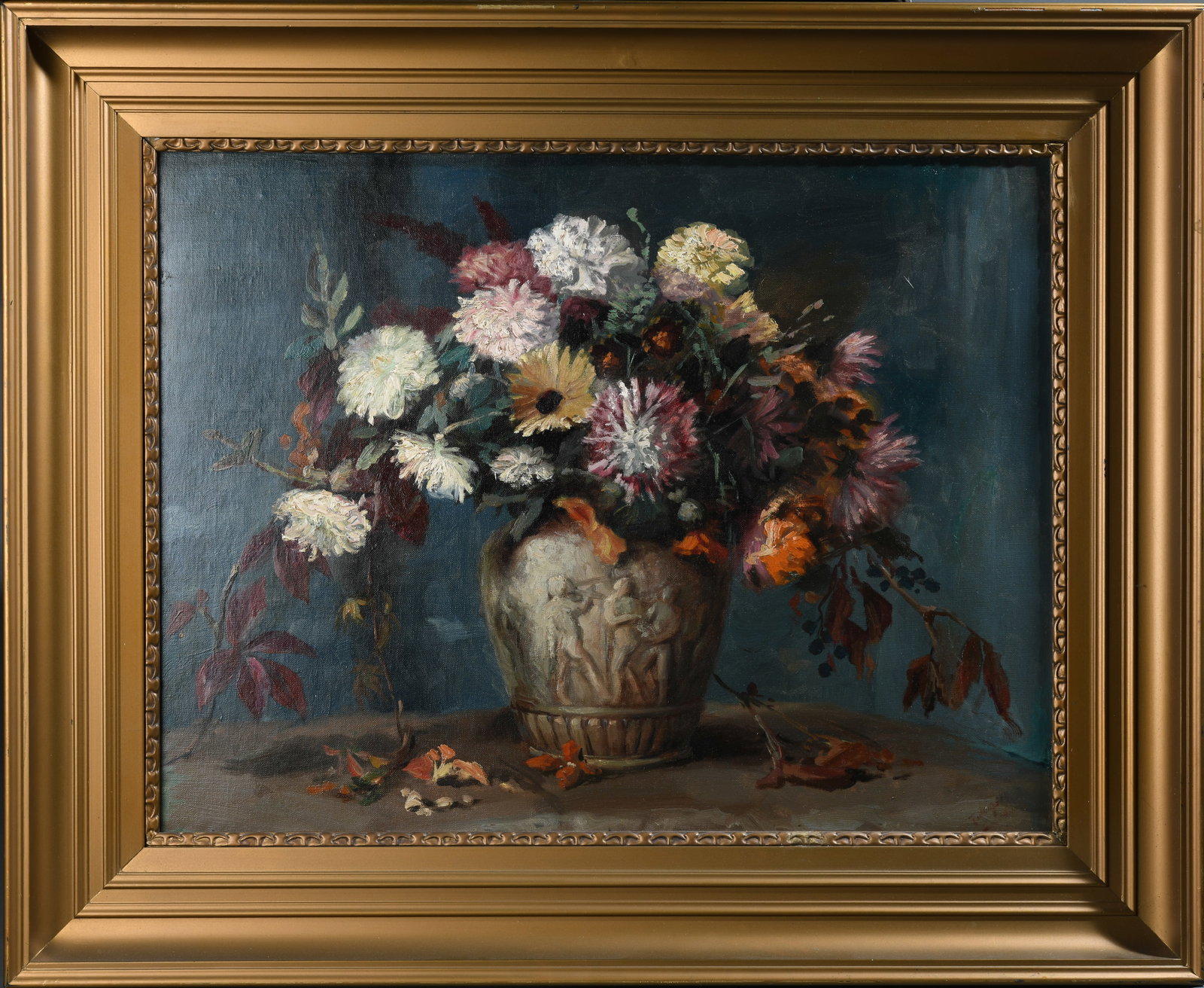 Large Still Life Oil Painting, Illegibly Signed: Oil on canvas painting of a vase of chrysanthemums, dahlias and autumn leaves on a table. Illegibly signed lower right. 20th C. Frame, approx. 29" x 35 1/2". Sight, approx. 20" x 26 1/2". Our primary 