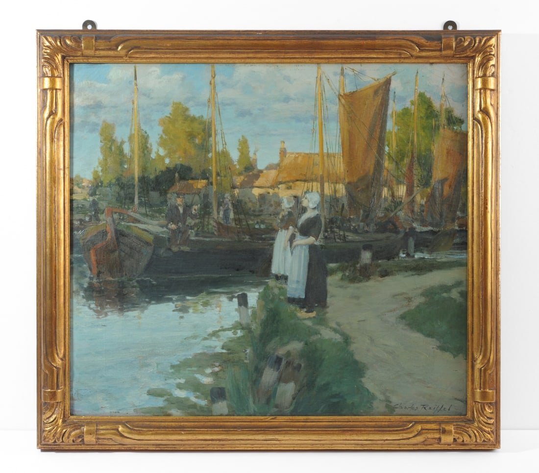 Charles Reiffel ( American, 1862–1942): European harbor scene with figures and sailing vessels, oil on canvas, signed lower right. Frame approx. 20 3/4" x 18 3/4". Sight approx. 17 3/4" x 15 3/4". Our primary recommendation is to arrange