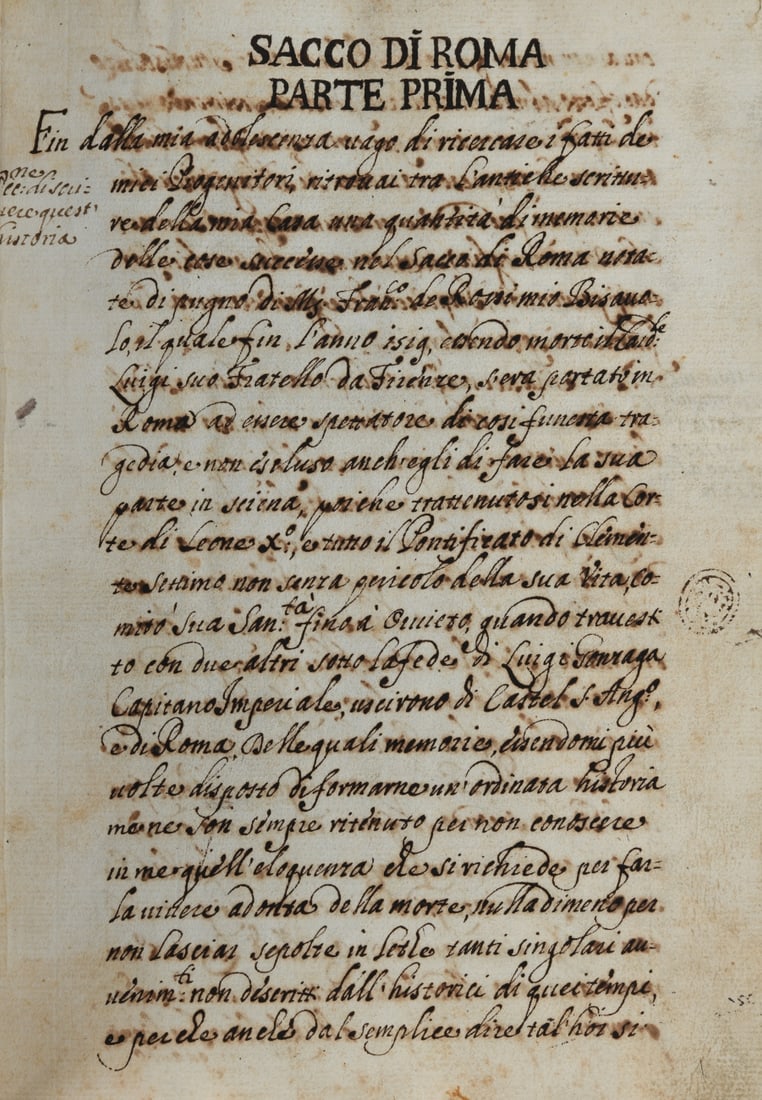 17th / 18th C. Italian MS., Sack of Rome: Patrizio De Rossi (Italian, dates unknown) "Memorie storiche dei principali avvenimenti politici d'Italia seguiti durante il Pontificato di Clemente VII." Manuscript in Italian on handmade laid paper,
