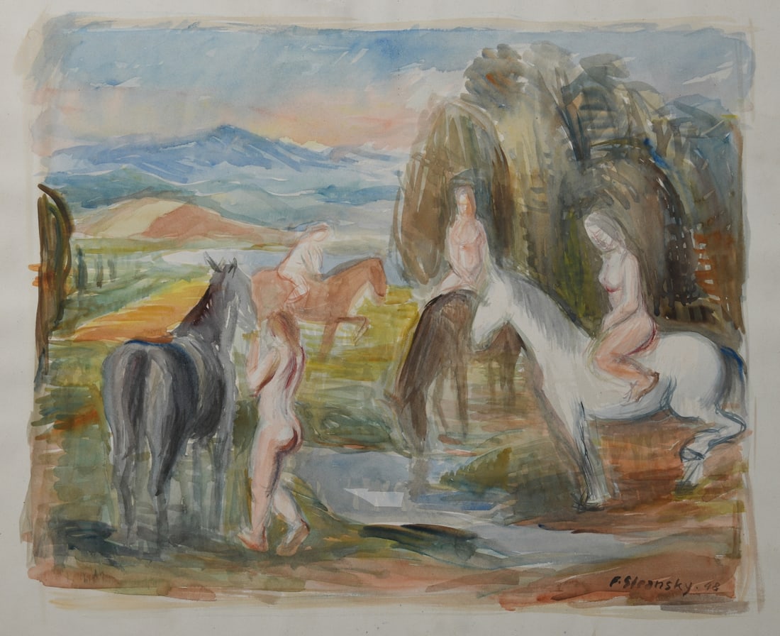 Ferdinand Stransky (Austria, 1904-1981): Watercolor on paper, horses and bathers. Signed and dated lower right F. Stransky 48. Sheet size approx. 19 1/2" x 15 1/2". Unframed. Provenance: The Collection of David B. Lawall. Our primary recomme