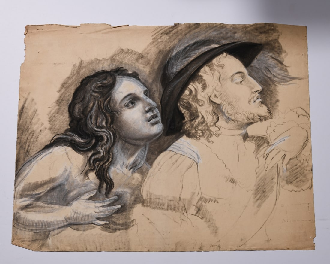 Study of Two Renaissance Figures in Profile: European School, 19th Century. Charcoal and white heightening on J. Whatman Turkey Mill 1847 paper. Sheet dimensions approx. 23 3/4 x 19 in. Provenance: The Collection of David B. Lawall. Our primary 