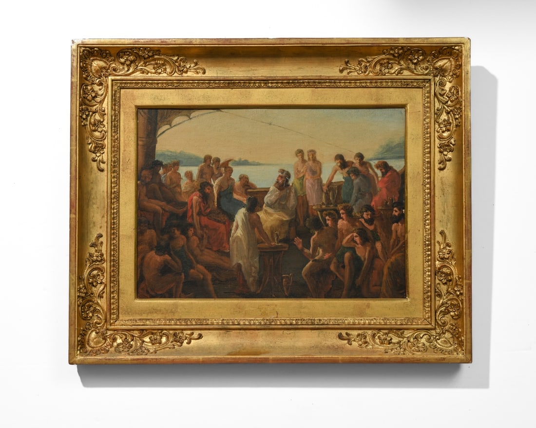 Auguste Barthelemy Glaize (French, 1807–1893): Oil on cardboard depicting Homer surrounded by an attentive audience aboard a ship. Signed to verso. Presented in a period gilt frame. Frame approx. 18 3/8" x 15". Sight approx. 12 1/2" x 9". Provenan