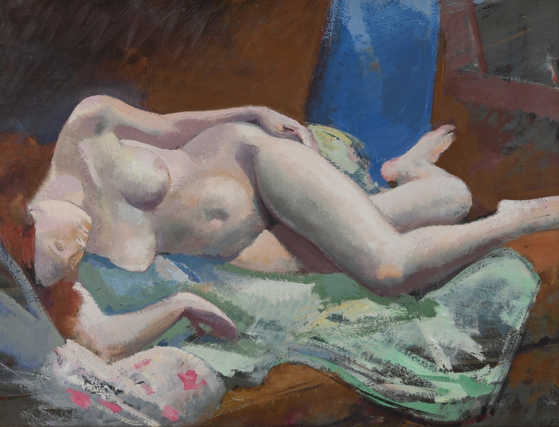 Lincoln Perry (b. 1949) Oil on Masonite: Reclining female nude, signed LP lower right, framed. Lincoln Perry is a Post Modernist, known for his murals in Old Cabell Hall at the University of Virginia. Visible image: approx. 12 3/4" x 9 1/2".