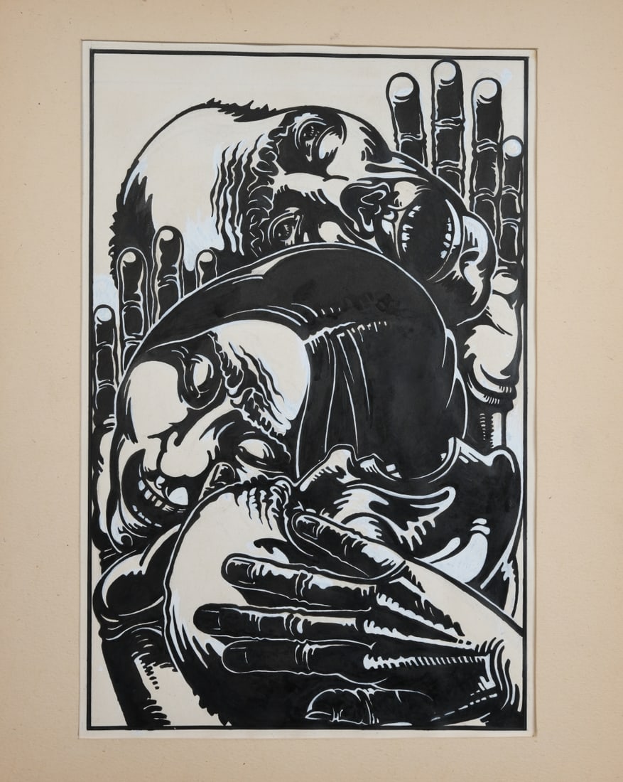 Josef Lacina (1899-1975) Ink on Paper with Gouache: Depicting two anguished figures locked in an embrace rendered in bold black forms, matted, title on mat verso reads “Händefalten um Vietnam,” translated roughly as “Hands Folded Around Viet