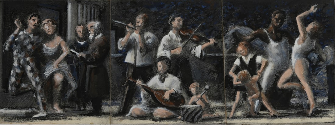 Bruno Civitico (American, 1942-2019): Pastel on paper, executed across three separate sheets; together with two preparatory drawings in red chalk on paper (five sheets total), red chalk drawings signed, the pastel unsigned. Each pastel: a