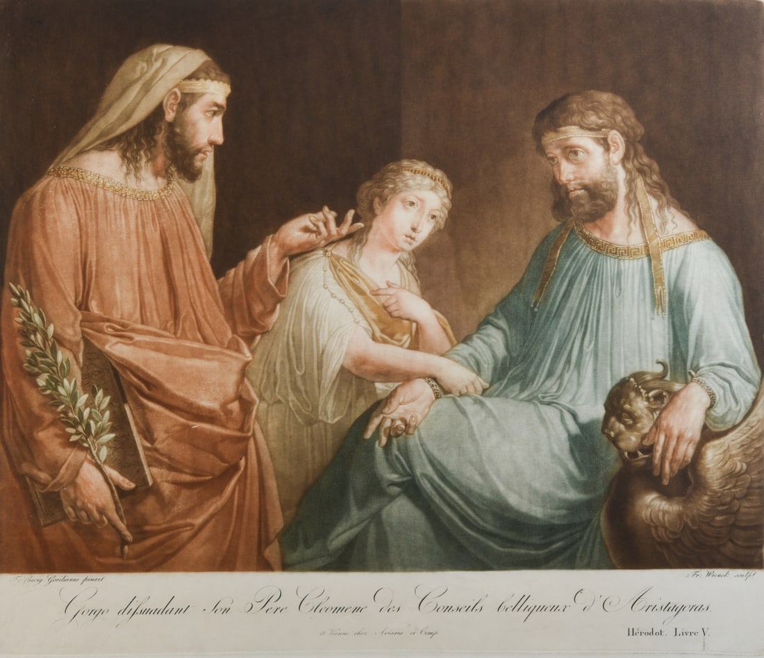 Engraving after Franz Caucig (1755–1828): Engraving with hand coloring on paper by Franz Wrenk, published in Vienna by Artaria & Comp. Matted and framed. Visible image: approx. 21 1/2" x 18 1/4". Frame: approx. 30 1/8" x 24 1/8". Provenance: 