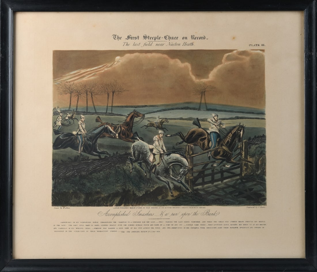 Four Framed 19th Century English Sporting Prints: Set of four hand-colored English sporting prints from The First Steeple-Chase on Record, after H. Alken, engraved by J. Harris and published by Ben Brooks, London, March 1, 1839. Three matching frames
