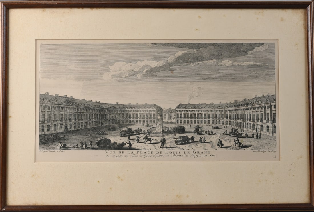 Jacques Rigaud (French, 1680–1754), Engraving: Vue de la Place de Louis le Grand, 18th centuryengraving depicting the Place Vendôme with the equestrian statue of Louis XIV, inscribed “J. Rigaud invenit et sculp.” and “avec Privilège du