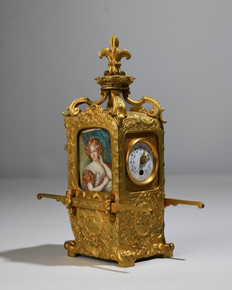 French Gilt Bronze Sedan Chair Mantel Clock: French gilt bronze sedan chair mantel clock, with watercolor portrait panels, enamel dial signed "Paris," and movement marked "FRANCE." The Rococo-style case is cast with scrolling ornament and surmou