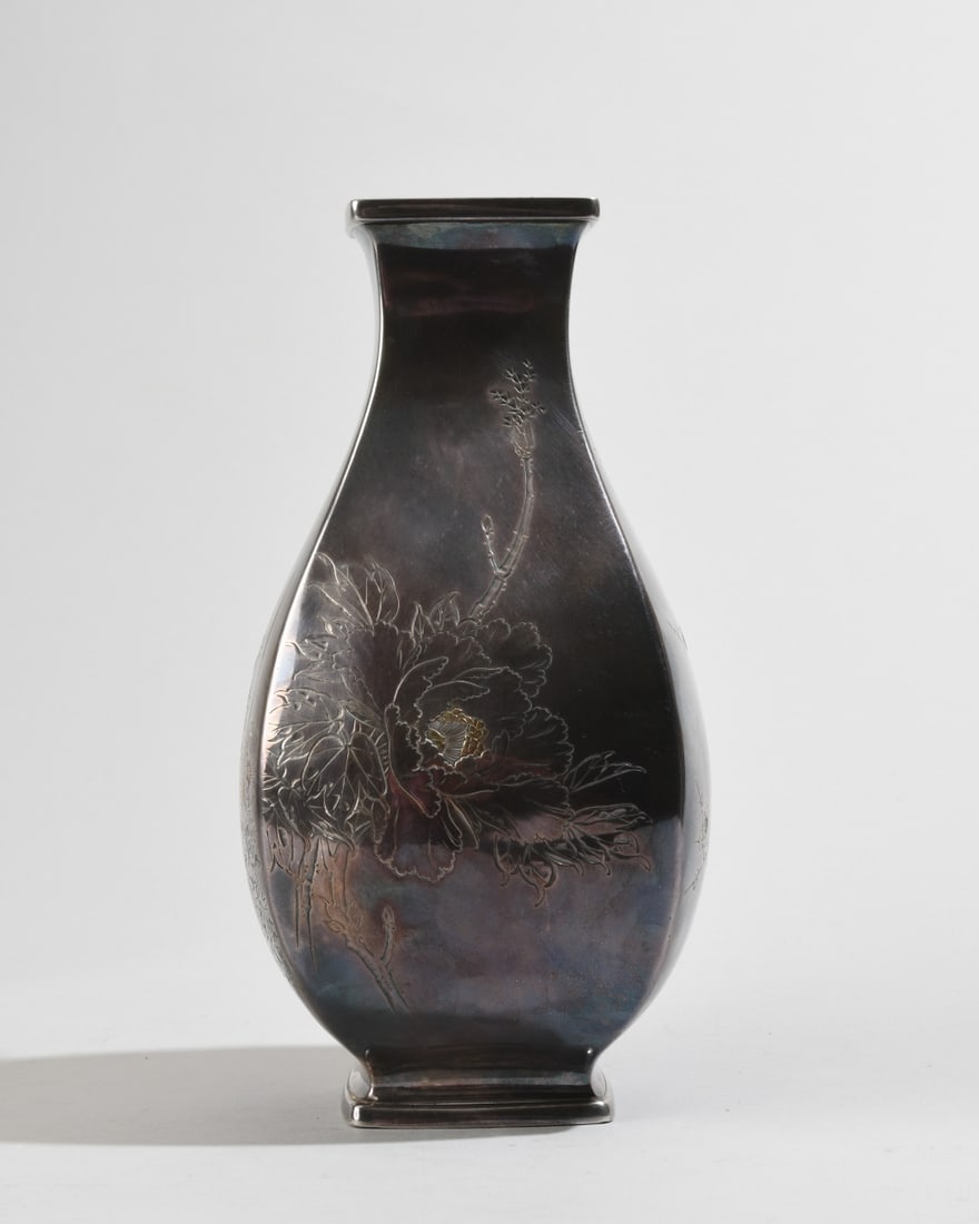 Japanese Meiji Silver Floral Vase: Finely decorated with four-seasons flowers and parcel gilt accents, marked to underside (jungin, "pure silver"), further engraved characters and circular seal to one side. Approx. 8 1/2" x 4" x 4".