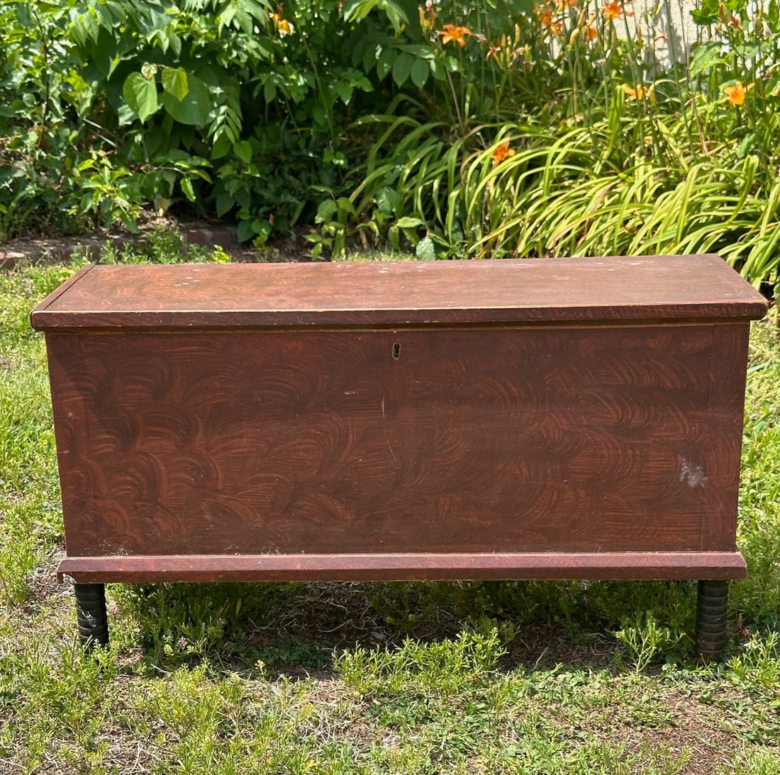 19th C. Mid Atlantic Paint Decorated Blanket Chest: With hinged lid, applied molding at base, turned feet, exterior finished with sponge decoration, minor scuffs and wear, circa 1840s. Approx. 21" x 37" x 14". Our primary recommendation is to arrange s