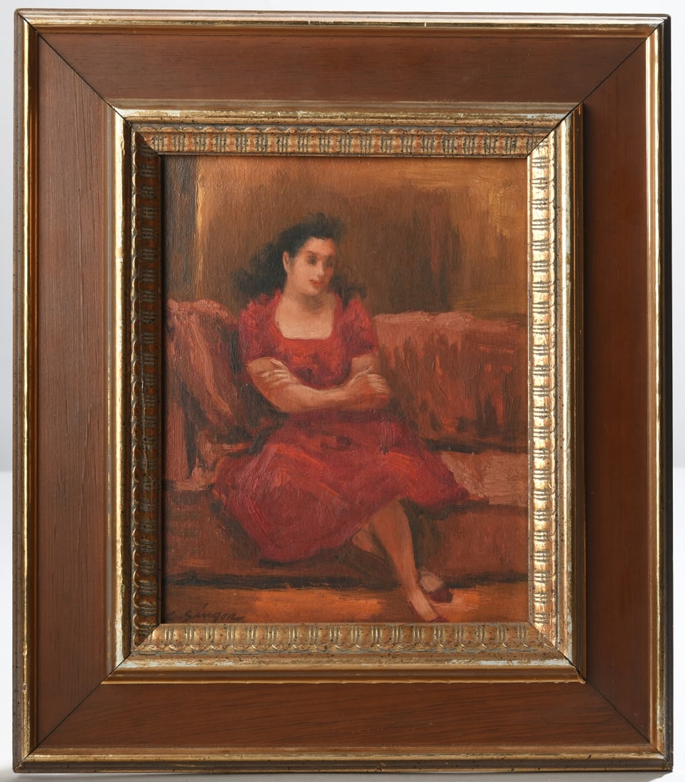 Clyde J. Singer (American, 1908–1999) Girl in Red: Oil on board, signed lower left "C. Singer" and additionally signed in pencil to the reverse. Titled "Girl in Red" in pencil to the reverse. Depicting a seated young woman in a red dress resting on a