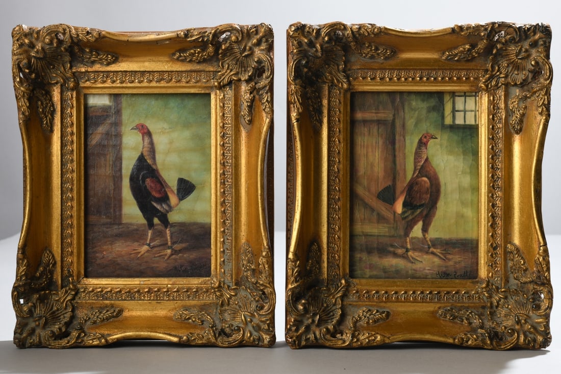 Hilton Lark Pratt (English, 1838 - 1875): Pair of old English gamecocks. Oil on canvas mounted to board, each signed lower right "Hilton Pratt." Presented in matching gilt frames. Each frame approx. 11" x 9". Sight approx. 6 1/2" x 4 3/8".