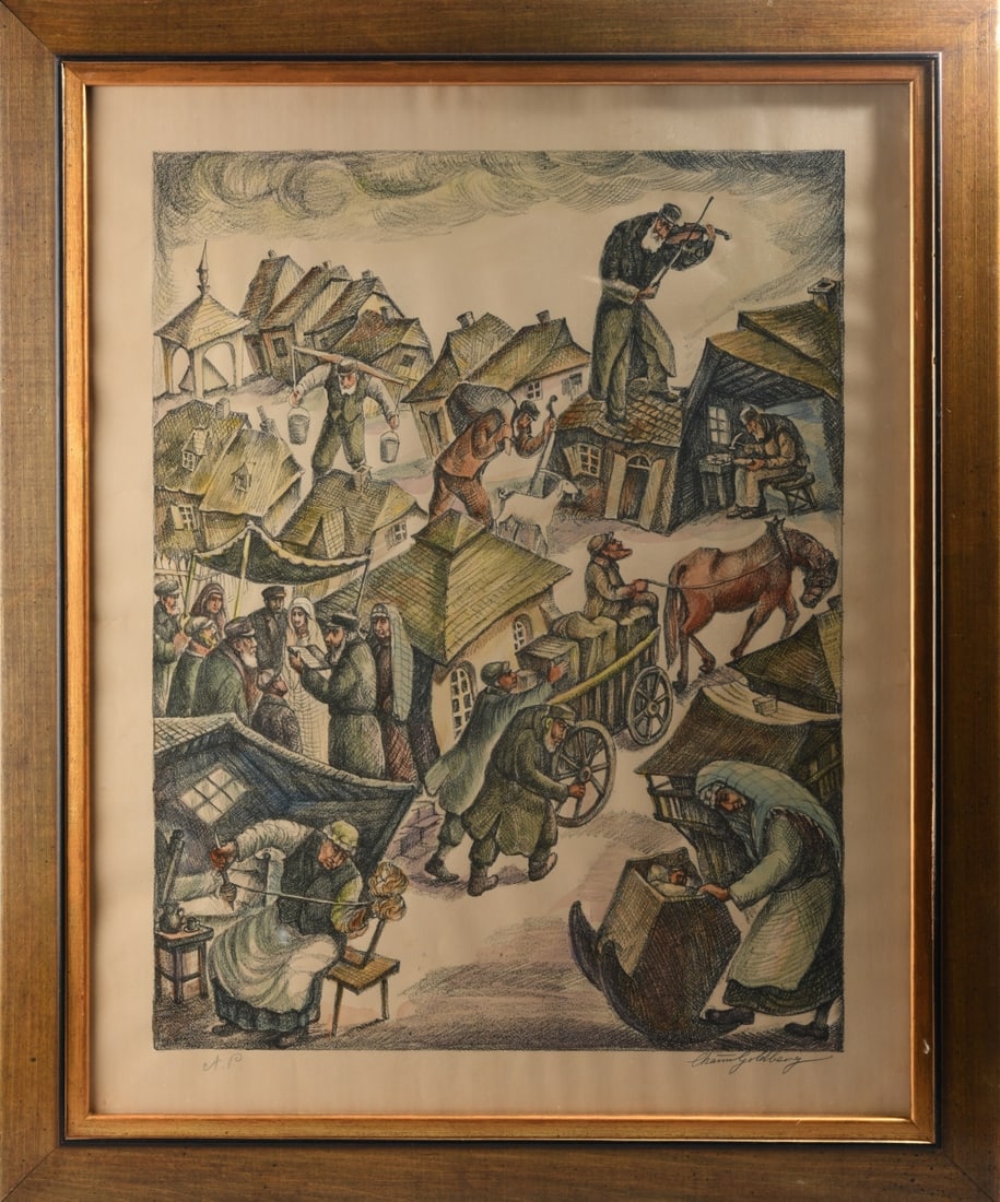 Chaim Goldberg (1917 - 2004) Artist Proof Litho: Scene from Fiddler on the Roof, signed in pencil lower right, A.P. to lower left, framed, crease visilble near center left edge. Visible image: approx. 28 1/4" x 22 1/4". Frame: approx. 33 1/2" x 27 1