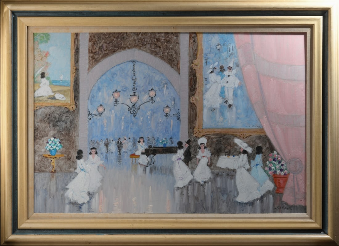 Luigi Cagliani (Italian, 1910 - 1987): Oil on canvas impressionist-style ballroom scene, signed to lower right L. Cagliani framed. Minor wear to frame. Sight: approx. 35 1/2" x 23 1/2". Frame: approx. 44" x 32". Our primary recommendation 